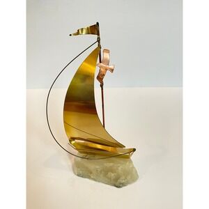 Vintage Signed Mixed Metal Sailboat Sculpture Brass Copper on Stone Base MCM